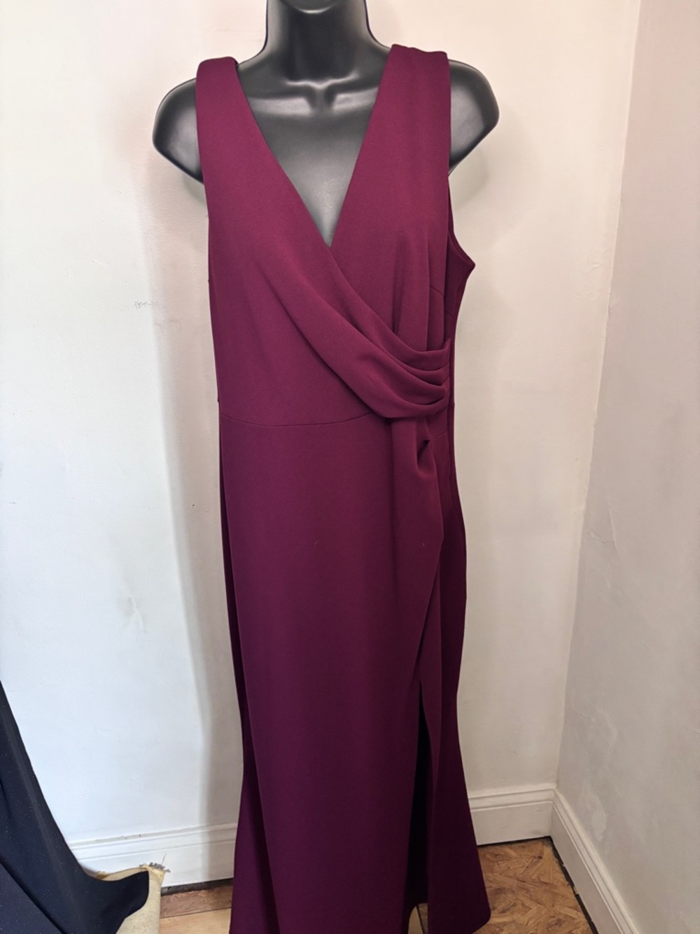 Burgundy evening gown with leg slit